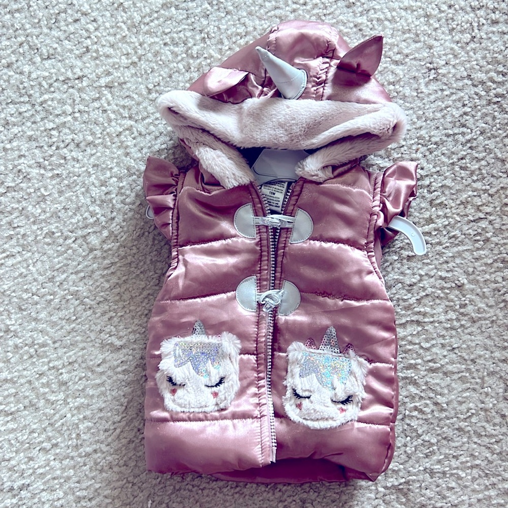 Little Lass Satin Fur Trim Unicorn bubble vest. 18 mos. NWOT.